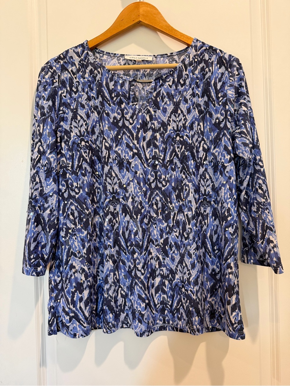 Emily‎ Daniels Blue Abstract Print Embellished 3/4 Sleeve Knit Top PL Petite L